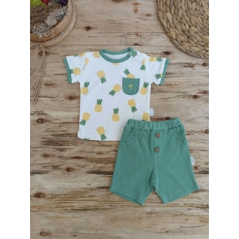 3-6 6-9 9-12 Ay Ananas Baskılı Şort Tişört 2 Li Kız Erkek Bebek Takımı Yeşil