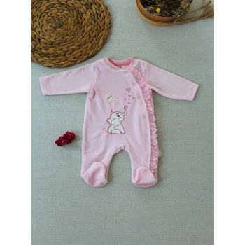 3-6 6-9 9-12 Ay Romantik Fil Nakışlı Pembe Süslü Kız Bebek Tulumu Pembe