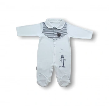 3-6 6-9 Ay Deniz Feneri Nakışlı Patikli Uzun Kollu Erkek Bebek Tulumu Ekru