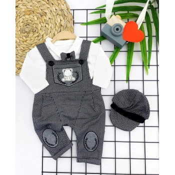 3-6-9-12 Ay Papyonlu Kırçıl Nakış Detaylı Kasket Şapkalı Uzun Kollu 3lü Erkek Bebek Salopet Takımı Gri