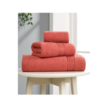 3 lü Banyo Havlusu Seti Pamuklu Ritim Kiremit