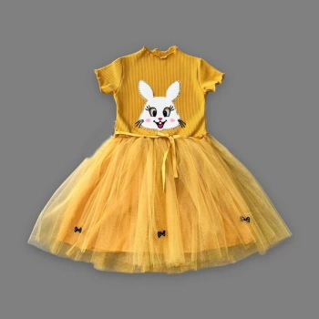 5-6-7 Yaş Payetli Tavşan Baskılı Kız Çocuk Elbisesi Hardal