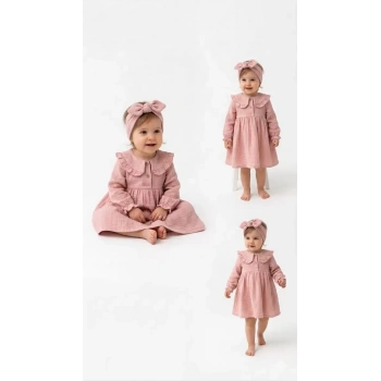 6-24 Ay Müslin Keten Pamuk Bandanalı Bebek Elbisesi