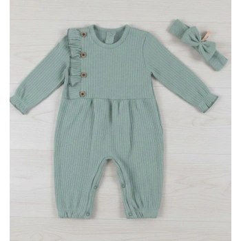Düğme Detaylı Bandanalı % 100 Pamuk Kız Bebek Tulumu