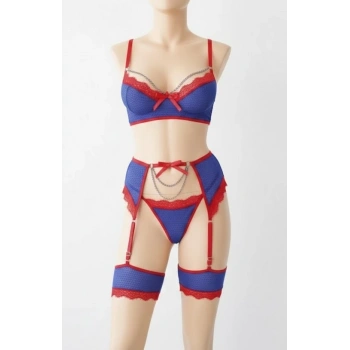 Bicomi Mavi Kırmızı Zincir Detaylı Fantezi Sütyen Külot Jartiyer Takım