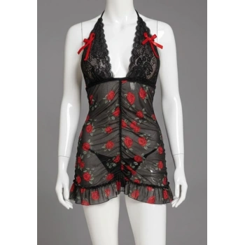 Bicomi Siyah Dantel İşlemeli Gül Desenli Mini Fantezi Gecelik