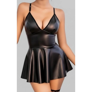 Bicomi Siyah Ayarlanabilir İnce Askılı Fantezi Parlak Deri Elbise