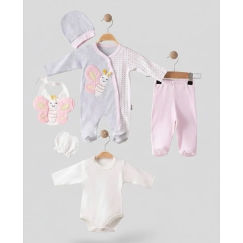 Kelebek Nakışlı Tulumlu % 100 Pamuk Kız Bebek 5li Set