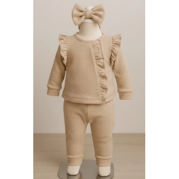 Orkide Desenli Fisto Detaylı 3 Parça Kız Bebek Takımı %100 Pamuk