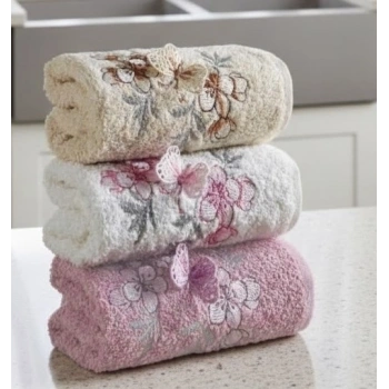 3lü Lüks %100 Pamuklu Mutfak Havlusu Seti 3D Kelebek Aplikeli 30x50 Cm