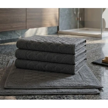 3lü Pamuklu Ayak Havlusu Seti Kabartma Desenli 50x70 Cm Antrasit