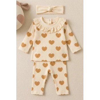 Kalp Baskılı Fisto Yaka 3 Parça Kız Bebek Takımı - %100 Pamuk