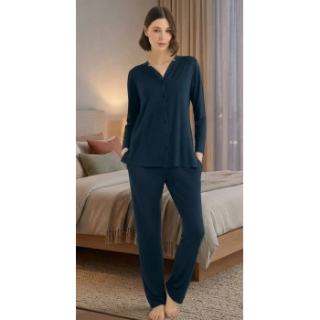 Bicomi Önden Düğmeli, Kolay Kullanım Gece Mavisi Şık Pijama Seti