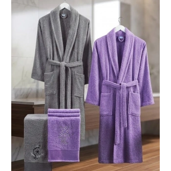 Bicomi Premium %100 Pamuklu 4 Parça Aile Bornoz Seti – Gri & Lavanta Banyo Keyfi Takımı