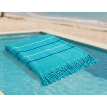 Hızlı Kuruyan, Yer Kaplamayan %100 Pamuklu Turkuaz Waves Plaj Peştemali