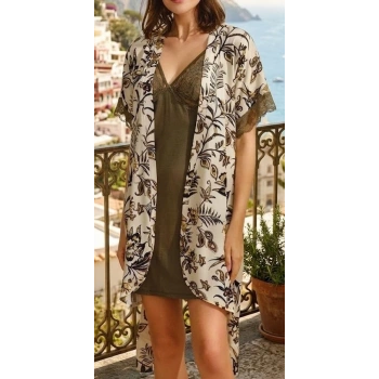 Bicomi Nefes Alan Viskon Kumaş, Zarif Dantel Detaylı 2’li Sabahlık & Gecelik Seti