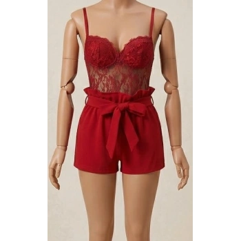 Bicomi Kırmızı Kuşak ve Dantel Detaylı Fantezi Elbise