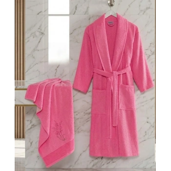 Bicomi Ultra Emici %100 Saf Pamuk Spa Konforu Bornoz ve Havlu Seti – Fuşya