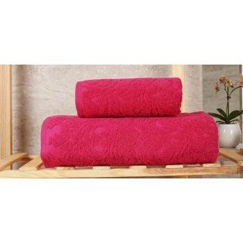 Biçomi Doku Desenli Jakarlı Banyo Havlu Takımı (Fuşya)