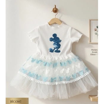 Kız Bebek Mickey Baskılı Brode Etekli Pamuklu Konfor Elbise - Turkuaz