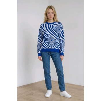 BİÇOMİ Ultra-Yumuşak Hipnotik Kalp Desenli Relaxed Fit Triko Kazak – Saks Mavi