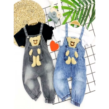 9-12-18-24 Ay Ayıcıklı Cep Kot Kumaş Tişörtlü 2li Kız Erkek Bebek Salopet Takımı Mavi