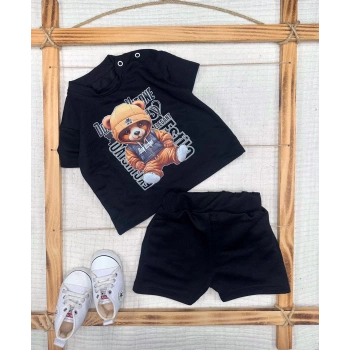 9-12-18-24 Ay Dansçı Ayıcık Baskılı Şortlu Kısa Kollu Tişört 2li Erkek Bebek Takımı