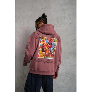 93 Dijital Parça Baskılı Kapşonlu Sweat - Gül Kurusu