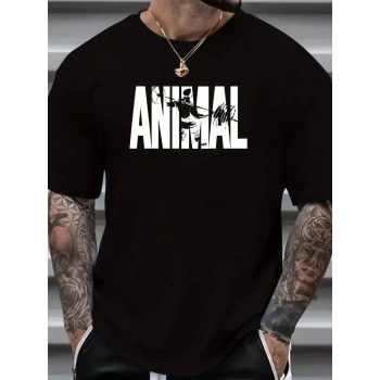 ANIMAL Desen Baskı Erkek Oversive Tişört, Grafik Tişört Erkek Yazlık Outdoor Kıyafetleri, Sporda ve Günlük Giyime Uygun  - Siyah