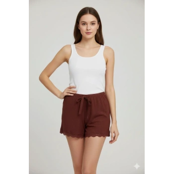 Bambu Fitilli Kadın Ev Şortu Bacak Dantel Detaylı Ev Giyim Koyu Taba