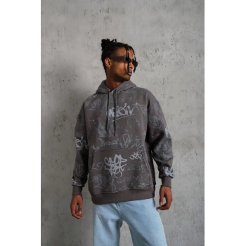 Baskılı Kapüşonlu Ribanalı Sweat - Gri