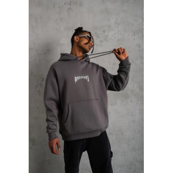 Baskılı Kapüşonlu ve Kanguru Cepli Sweat- Gri