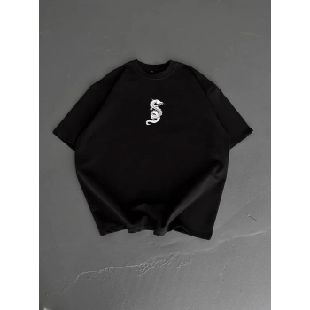 Baskılı Oversize Bisiklet Yaka T-shirt - Siyah -