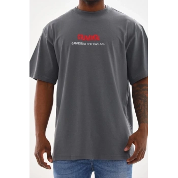 Baskılı Oversize T-Shirt - Füme -