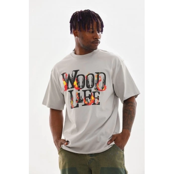 Baskılı Oversize T-Shirt - Gri -