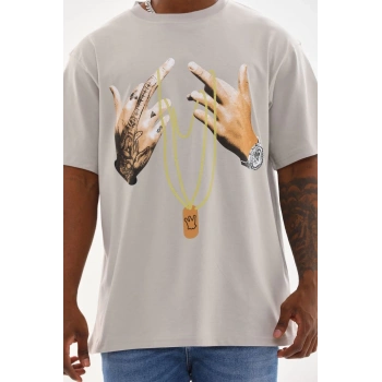 Baskılı Oversize T-Shirt - Gri -