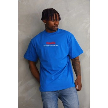 Baskılı Oversize T-Shirt - Mavi -