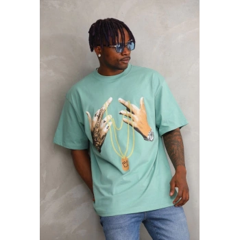 Baskılı Oversize T-Shirt - Mint Yeşili