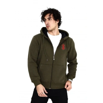 Baskılı Tam Fermuarlı Kapşonlu SweatShirt - Haki -