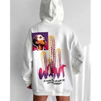 Baskılı Üç İplik Kapüşonlu Oversize Sweatshirt - Beyaz -