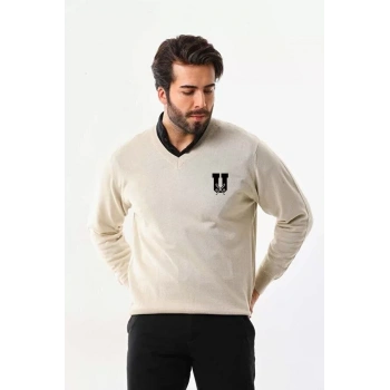 Baskılı V Yaka Uzun Kol Dokuma Triko - Bej