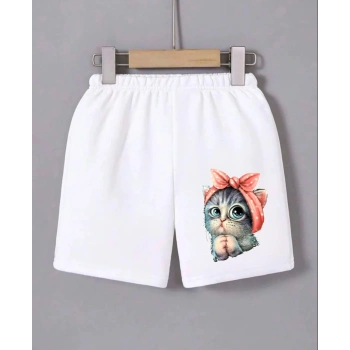 Beli Lastikli Baskılı Mini Şort - Beyaz -