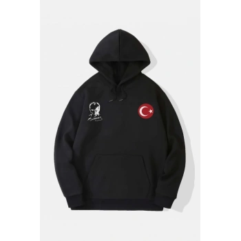 Biçomi 10 Kasıma Özel Üç İplik Kapşonlu Baskılı SweatShirt - Siyah
