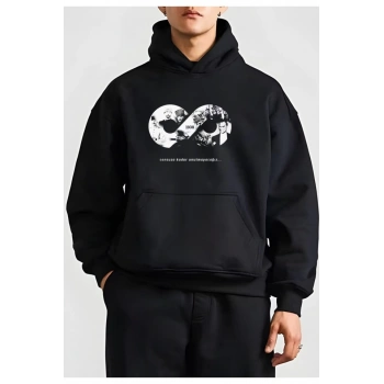Biçomi 10 Kasıma Özel Üç İplik Kapşonlu Baskılı SweatShirt - Siyah