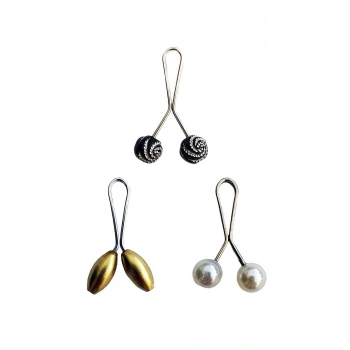 biçomi 3 Adet Tesettür Eşarp ve Şal Klipsi Sarı İnci Beyaz Siyah Desenli