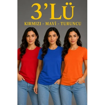 Biçomi 3’lü Kısa Kollu Bisiklet Yaka Basic Slim Fit T-Shirt - Kırmızı - Mavi - Turuncu