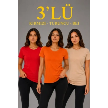 Biçomi 3’lü Kısa Kollu Bisiklet Yaka Basic Slim Fit T-Shirt - Kırmızı - Turuncu - Bej