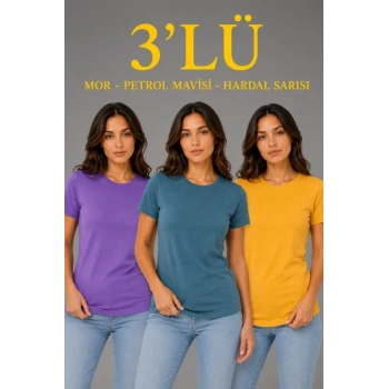 Biçomi 3’lü Kısa Kollu Bisiklet Yaka Basic Slim Fit T-Shirt - Mor - Petrol Mavisi - Hardal