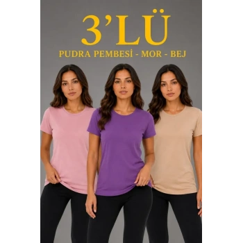Biçomi 3’lü Kısa Kollu Bisiklet Yaka Basic Slim Fit T-Shirt - Pudra Pembe - Mor - Bej