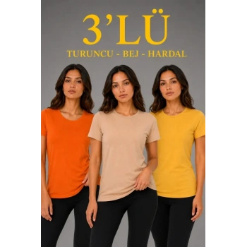 Biçomi 3’lü Kısa Kollu Bisiklet Yaka Basic Slim Fit T-Shirt - Turuncu - Bej - Hardal